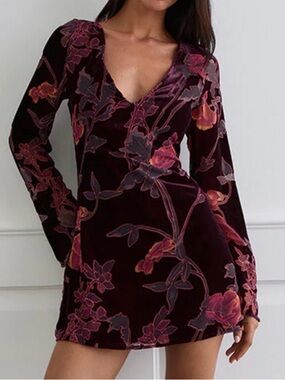 Floral V-Neck Long Sleeve Mini Dress